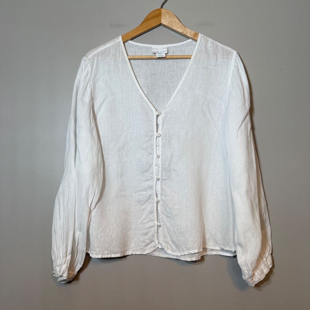 Cynthia Rowley White 100% Linen V-Neck Button Front Blouse XL